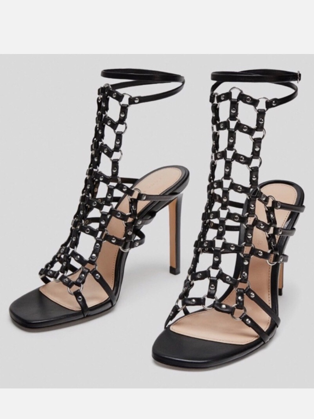 Zara Black Studded Cage Ankle-Strap Stiletto Sandals